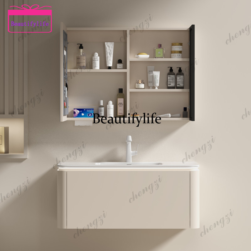 Bathroom Cabinet Mirror - A17 Cream gray wind solid wood